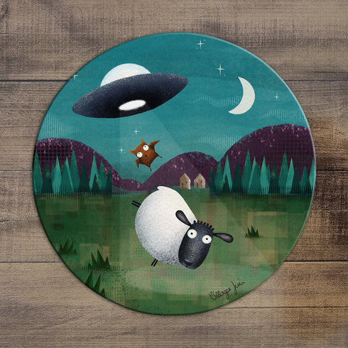 UFOS Unidentified Flying Owl and Sheep - Circular Glass Art Worktop Saver
